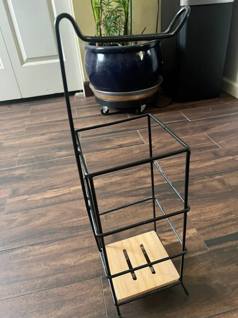 Modern Black Wire & Bamboo Freestanding Toilet Paper Stand Organizer